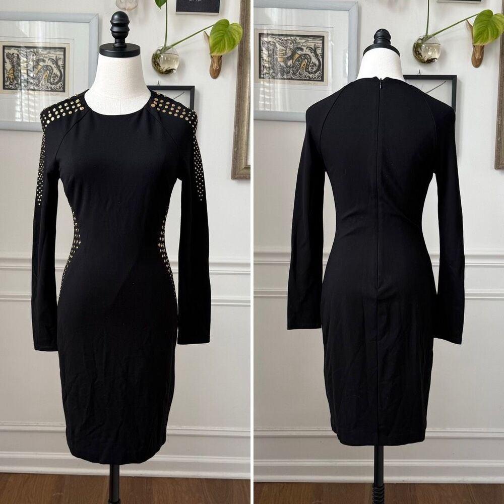 Cache Gold Stud Sheath Dress Long Sleeve LBD Dress 6